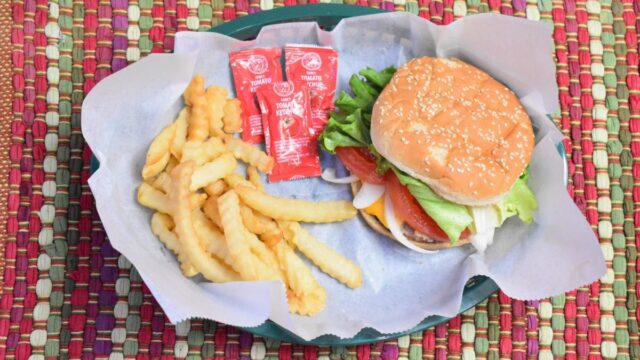 A cheeseburger and French fires with three packets of ketchup served in a green plastic basket on top of a colorful placemat