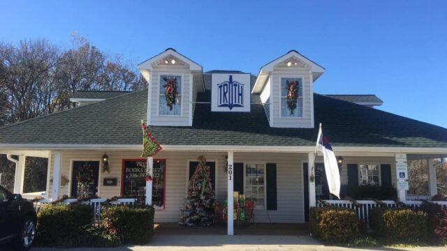 The house-like exterior of a books and gift shop