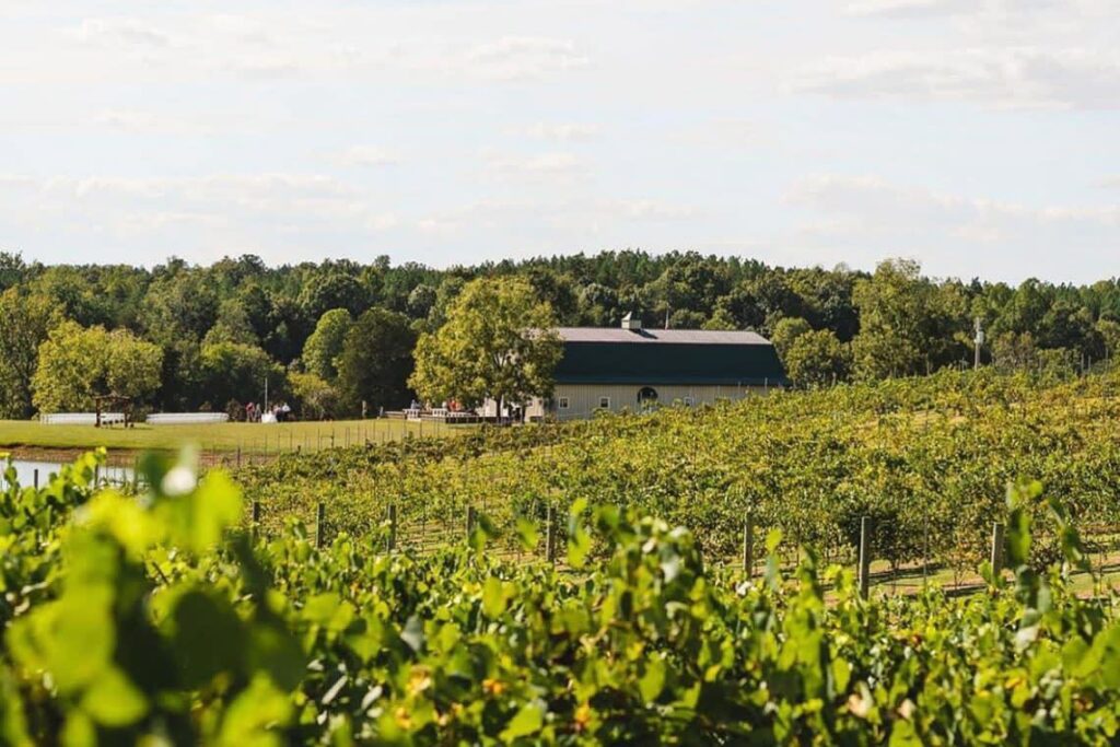 A white barn with a dark roof surrounded by a green field and trees